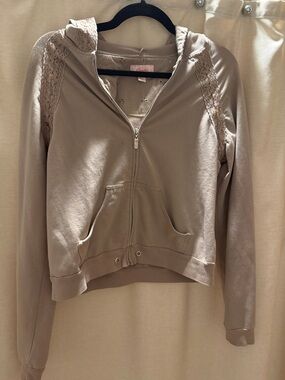 Candies Taupe Lace-Trim Zip Bomber Jacket